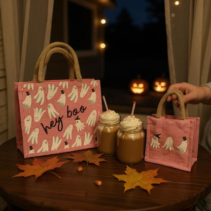 Hey Boo Gift Tote, Light Pink & White Cute Reusable Tote Bag for Gifting, Perfect Halloween Gift for Boo - Lovers - Nifty Decor & More