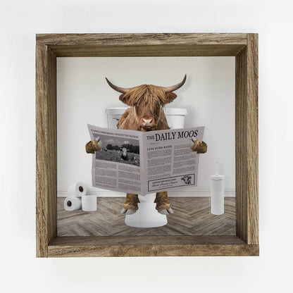 Highland Cow Bathroom Sign | Rustic Wood Frame Decor | Farmhouse Style Wall Art | Unique Cow Decor for Home & Gifts - Nifty Decor & More