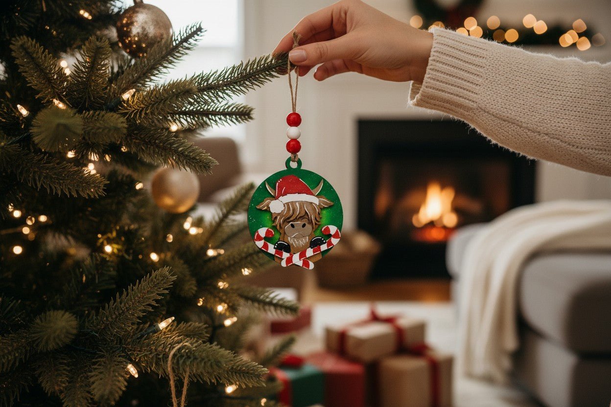 Highland Cow Christmas Ornament | Santa Hat • Candy Canes • Rustic Green Backdrop • Red & White Beaded String