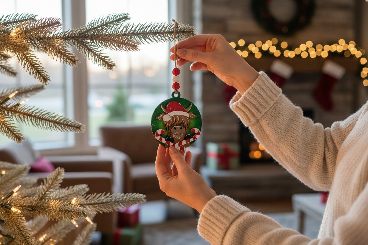 Highland Cow Christmas Ornament | Santa Hat • Candy Canes • Rustic Green Backdrop • Red & White Beaded String