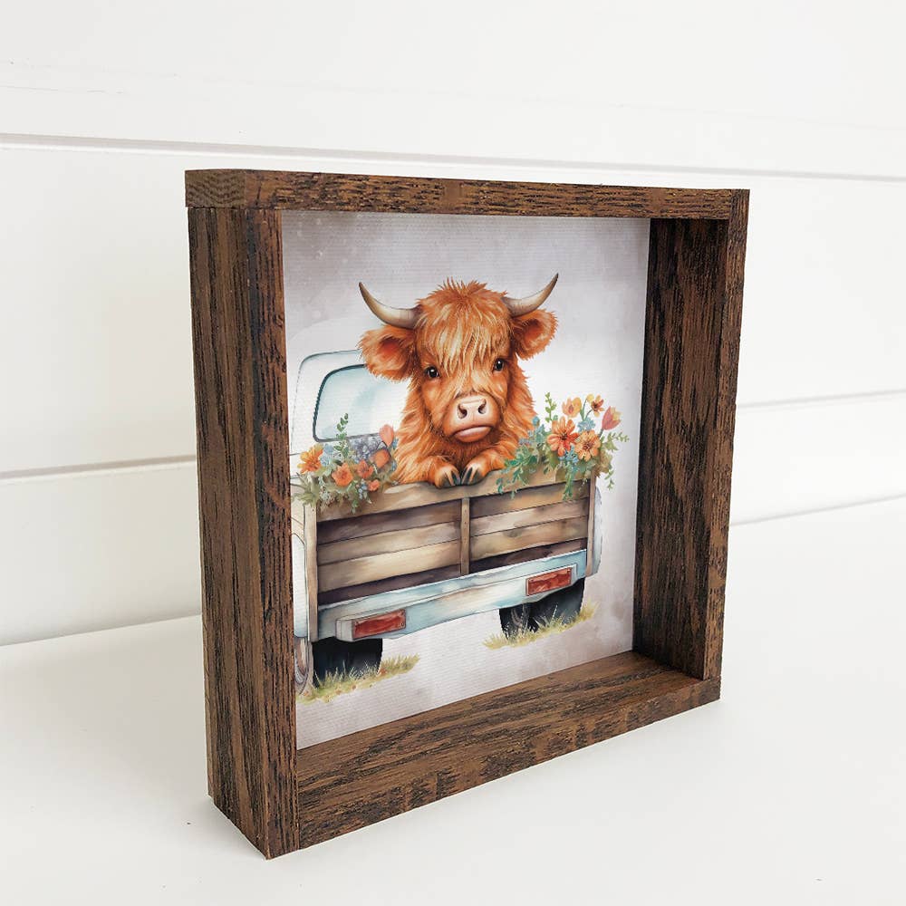 Highland Cow in Truck with Flowers | Rustic Farmhouse Decor | Vintage Animal Art Print | Country Home Wall Art - Nifty Decor & More