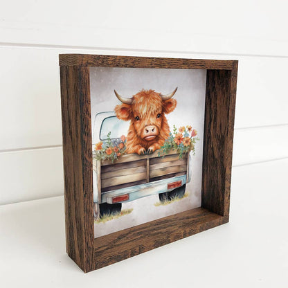 Highland Cow in Truck with Flowers | Rustic Farmhouse Decor | Vintage Animal Art Print | Country Home Wall Art - Nifty Decor & More