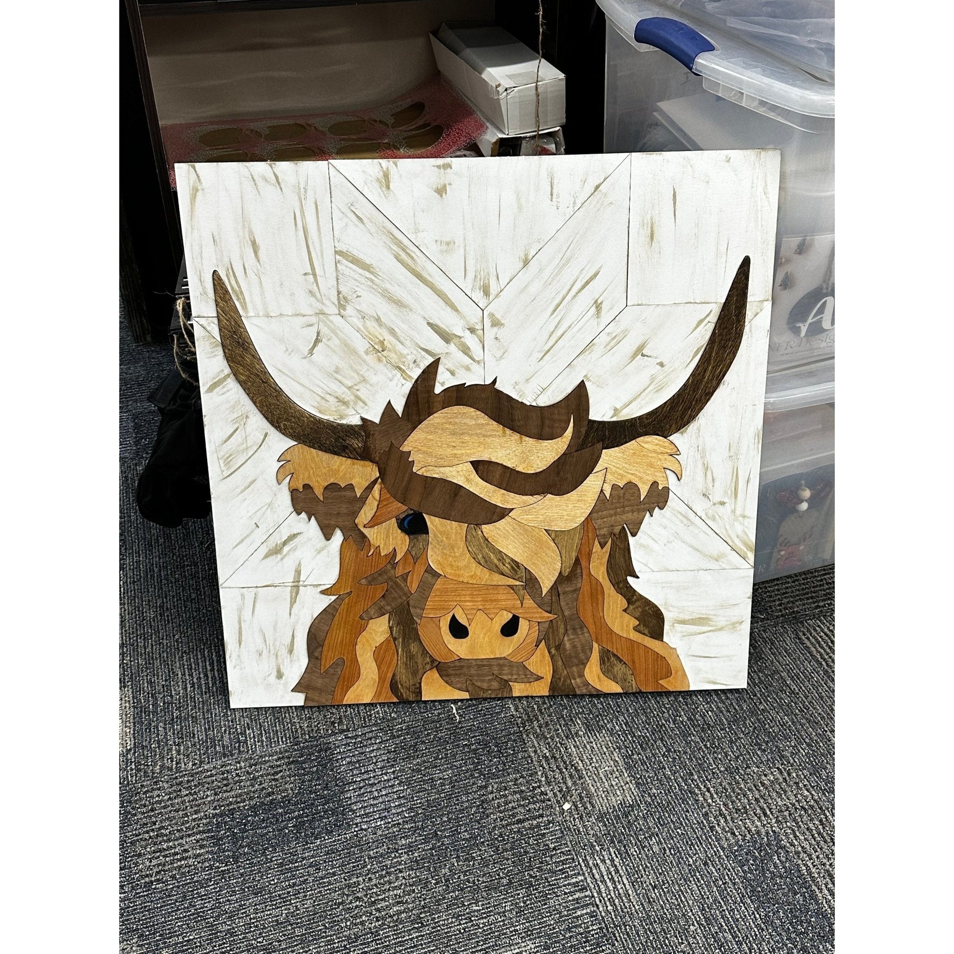 Highland Wood Quilt Pattern Marquetry Wall Art Highland Cow Wood Inlay Decor - Nifty Decor & More