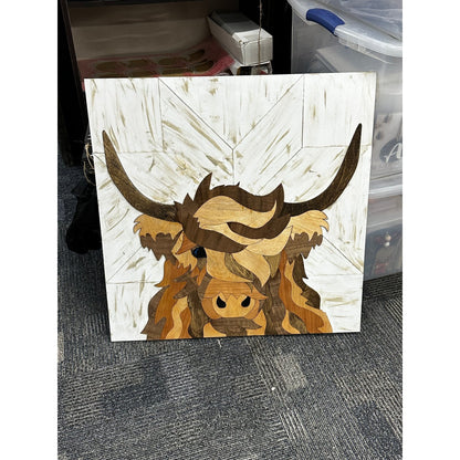 Highland Wood Quilt Pattern Marquetry Wall Art Highland Cow Wood Inlay Decor - Nifty Decor & More