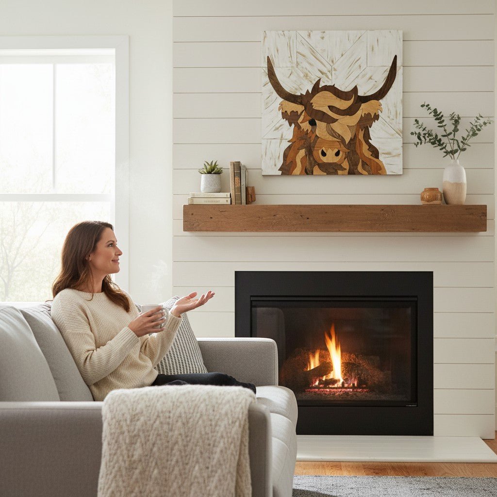 Highland Wood Quilt Pattern Marquetry Wall Art Highland Cow Wood Inlay Decor - Nifty Decor & More