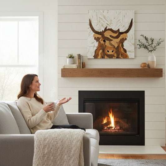 Highland Wood Quilt Pattern Marquetry Wall Art Highland Cow Wood Inlay Decor - Nifty Decor & More