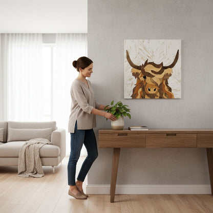 Highland Wood Quilt Pattern Marquetry Wall Art Highland Cow Wood Inlay Decor - Nifty Decor & More