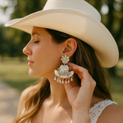 Bride Cowboy Girl Crystal Charm Dangle Earrings, Chic Western Bridal Jewelry, Wedding Accessory Gift