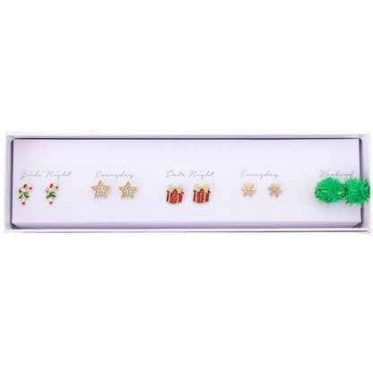 Holiday Christmas Stud Earrings 5 Pairs Gift Box - Nifty Decor & More