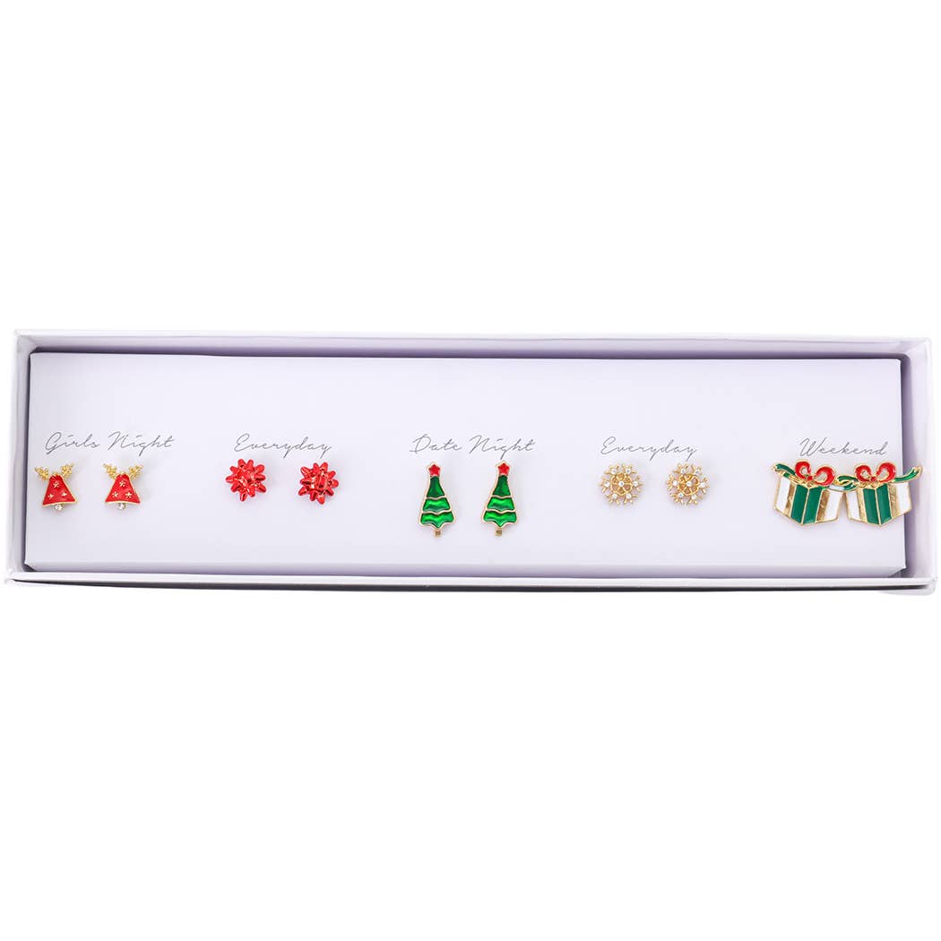 Holiday Stud Earrings Set 5 Pairs with Gift Box - Nifty Decor & More