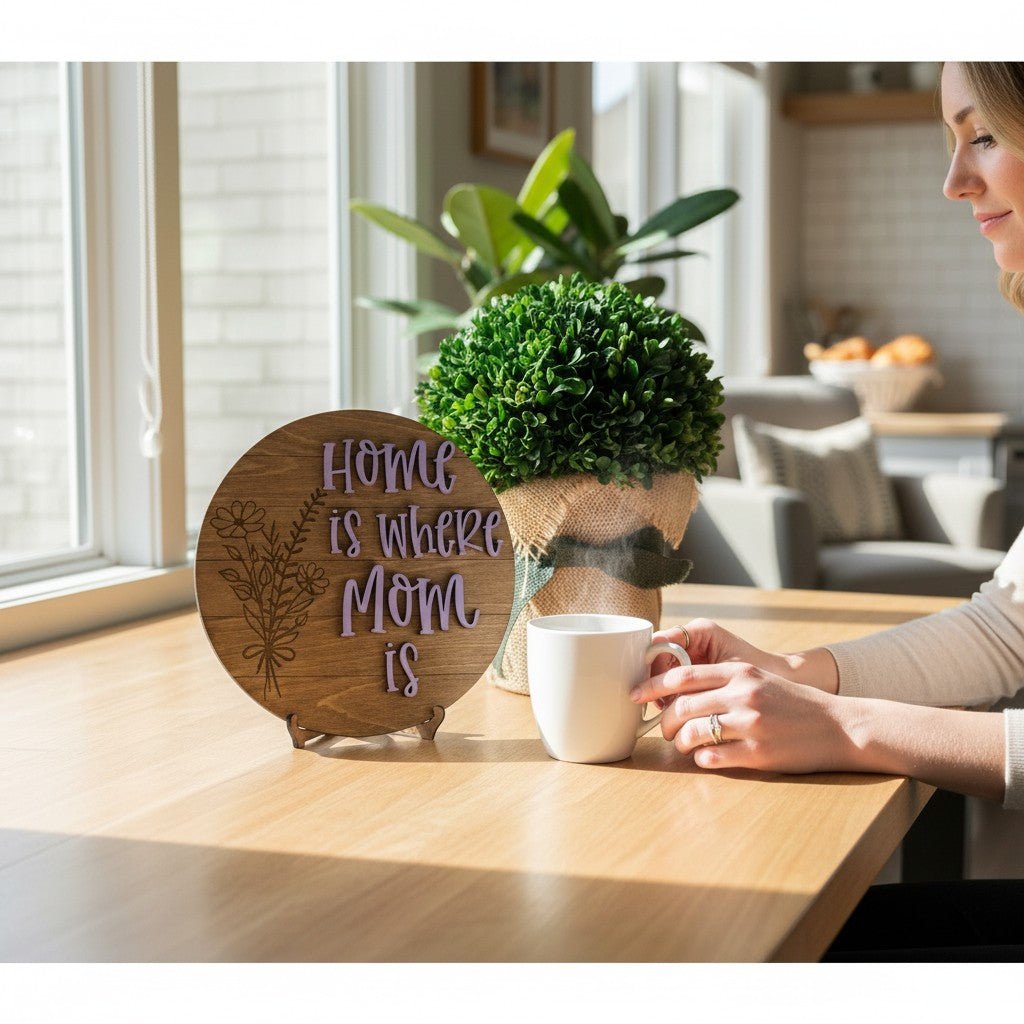 Home Is Where Mom Is Wood Sign – 10" Round Sentiment Wall Decor - Nifty Decor & More