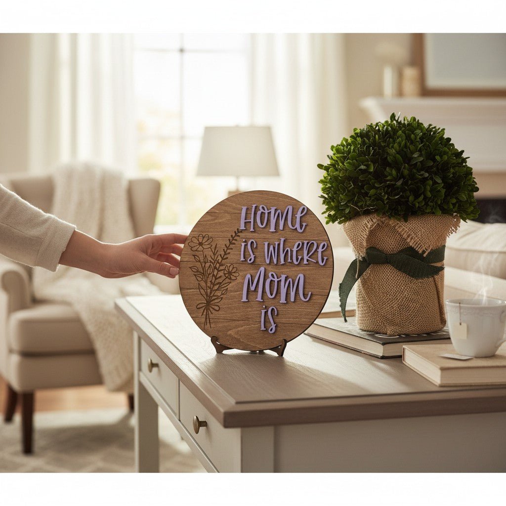Home Is Where Mom Is Wood Sign – 10" Round Sentiment Wall Decor - Nifty Decor & More