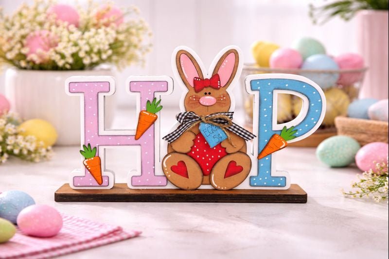 HOP Bunny Easter Decor Wooden Spring Tabletop Sign - Nifty Decor & More