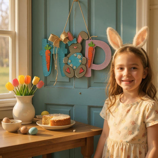 Hop Bunny Hanger Spring Easter Decor - Colorful Seasonal Wall Hanging for Springtime & Holiday Decorations Easter Wall Decor
