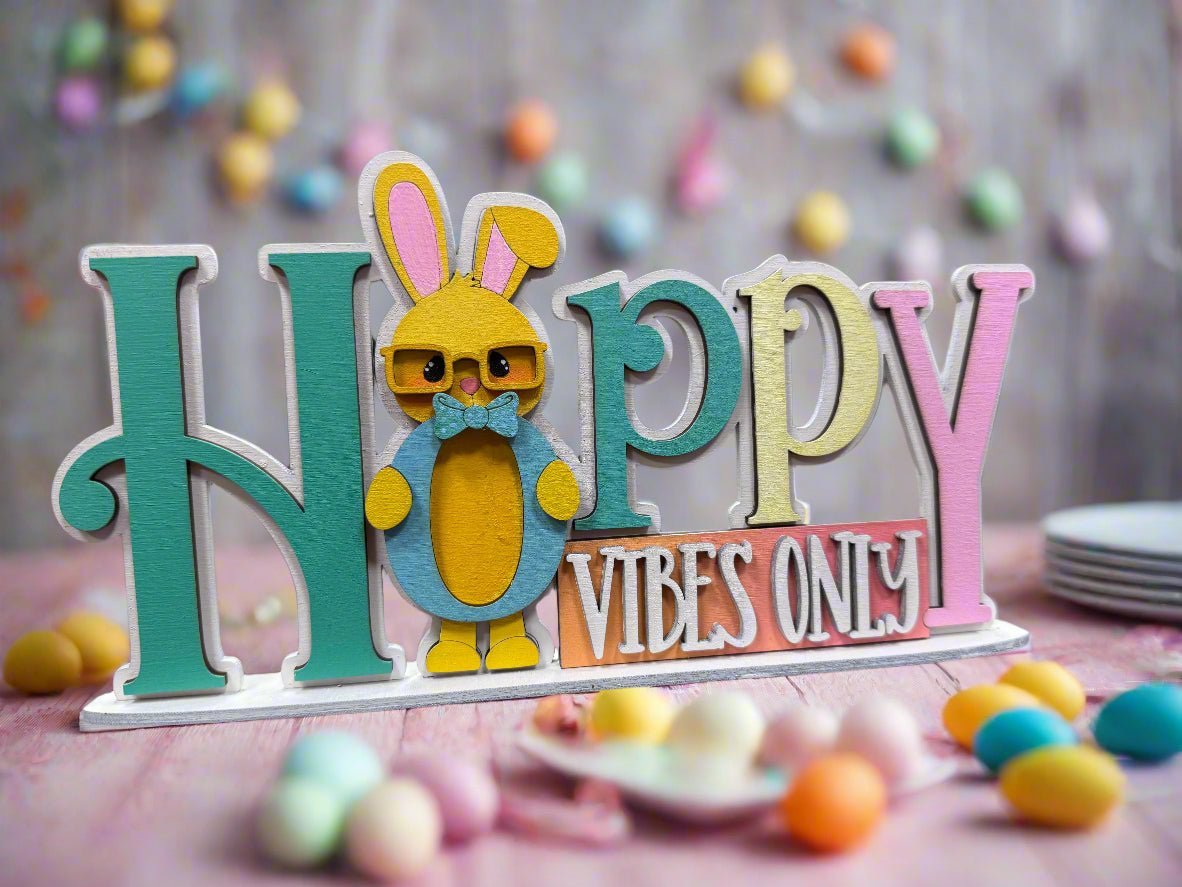 Hoppy Vibes Only Stand: Spring & Easter Decor, Cute Bunny Decor for Home, Festive Decoration for Seasonal Celebration - Nifty Decor & More