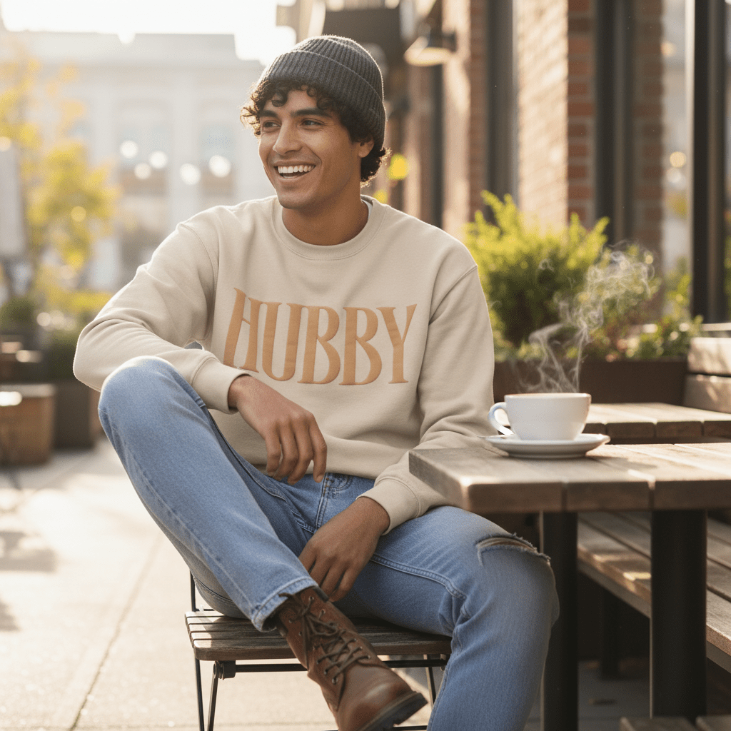 Hubby Puff Print Crewneck Sweatshirt | Luxury Raised Graphic Midweight Fleece - Nifty Decor & More