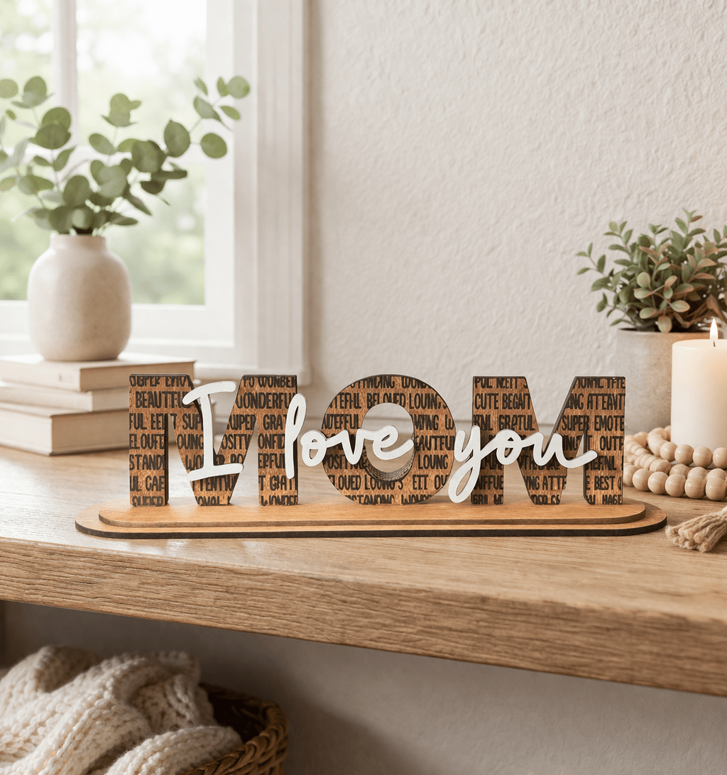 Decorative sign with 'I love you' on a wooden surface with plants and books in the background