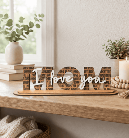 Decorative sign with 'I love you' on a wooden surface with plants and books in the background