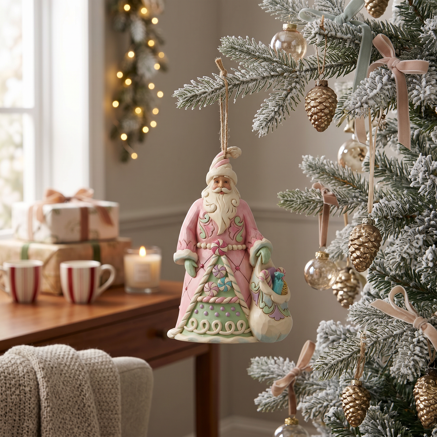 A pastel pink Santa Claus hanging ornament with a green tree and blue sack, displayed on a flocked Christmas tree in a cozy living room setting.