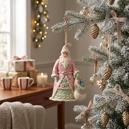 A pastel pink Santa Claus hanging ornament with a green tree and blue sack, displayed on a flocked Christmas tree in a cozy living room setting.