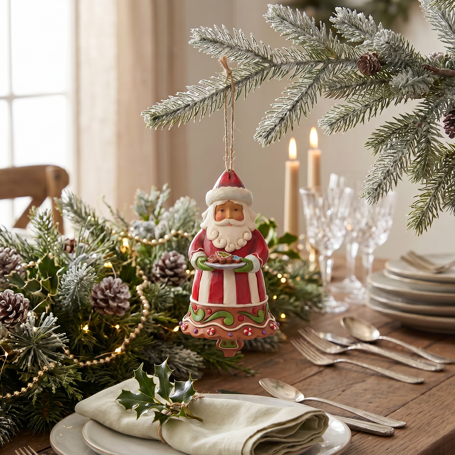 A handcrafted ceramic Santa Claus holiday ornament hangs from a pine branch at a styled holiday table with candles, plates, and greenery.
