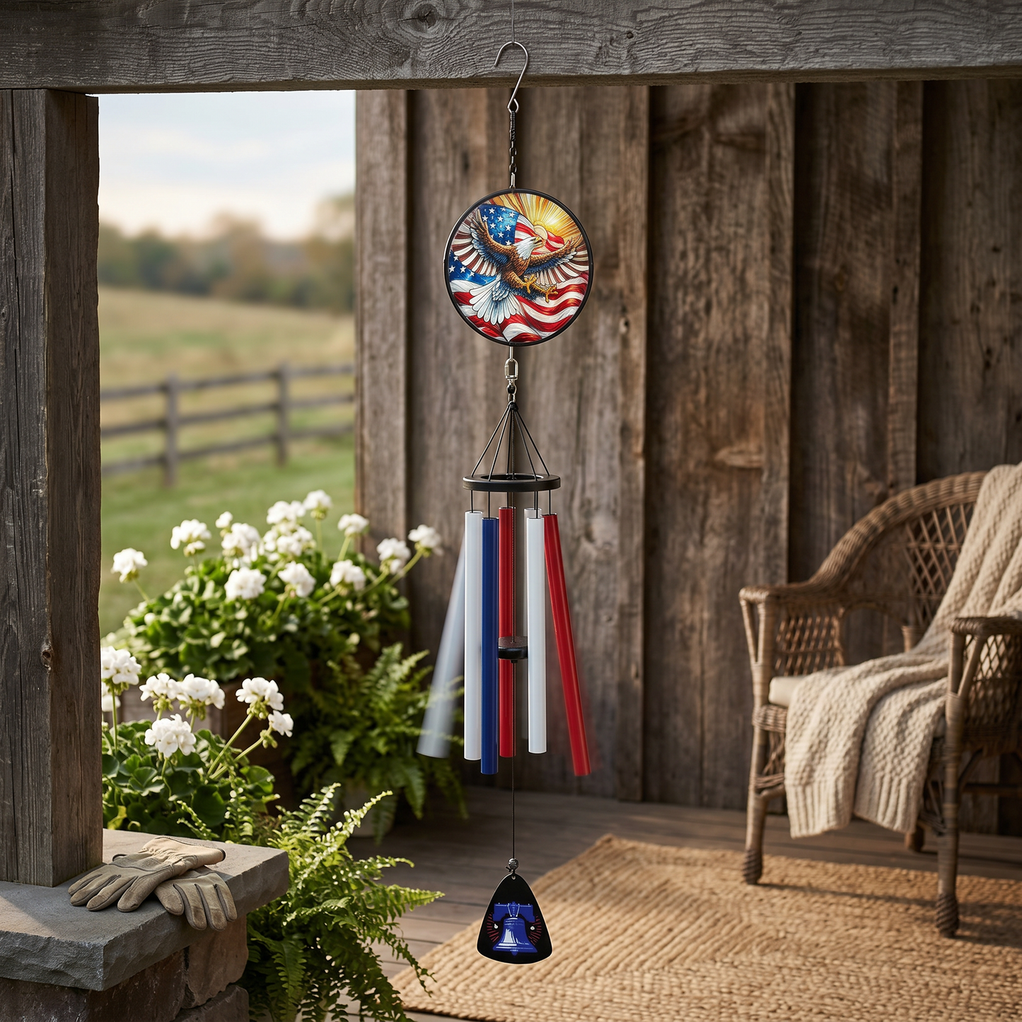 USA Eagle Stain Glass with Liberty Bell Wind Chime 40in.