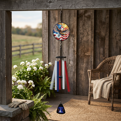 USA Eagle Stain Glass with Liberty Bell Wind Chime 40in.