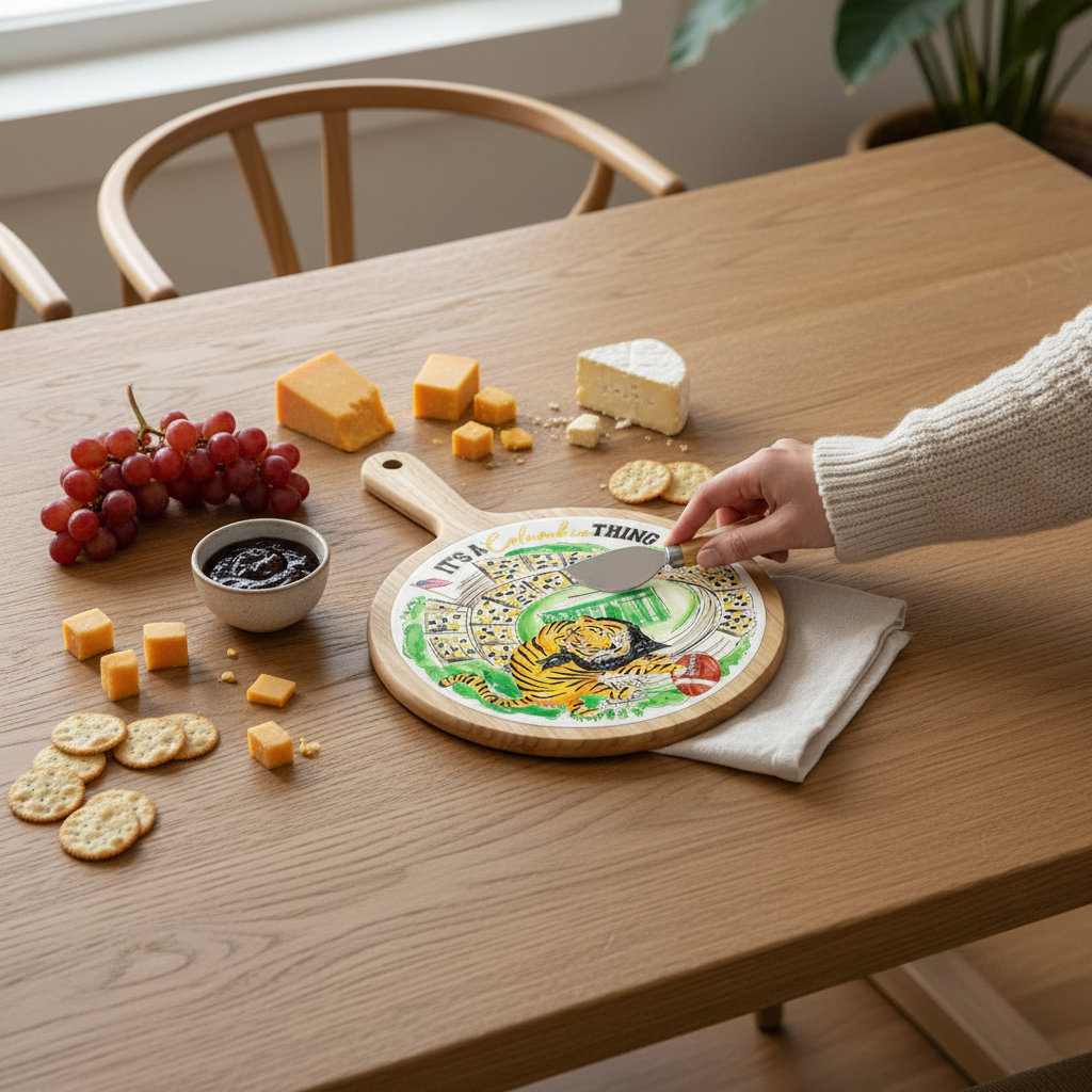 Person cutting cheese on a decorative cutting board with a tiger design on a wooden table.