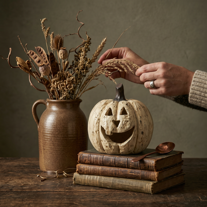 Decorative setup with a carved pumpkin, books, and a vase on a wooden surface.
