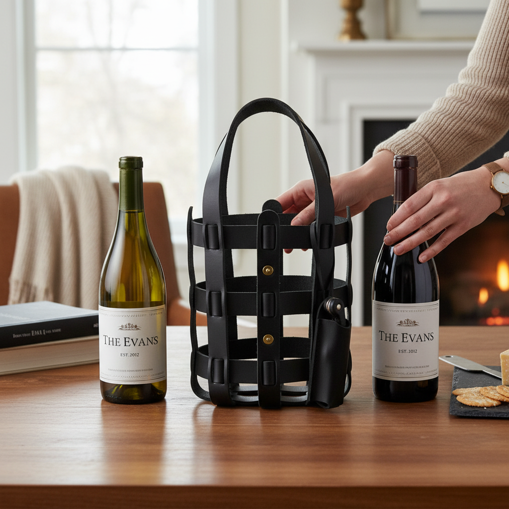 Two bottles of 'The Evans' wine on a wooden table with a black wine holder.