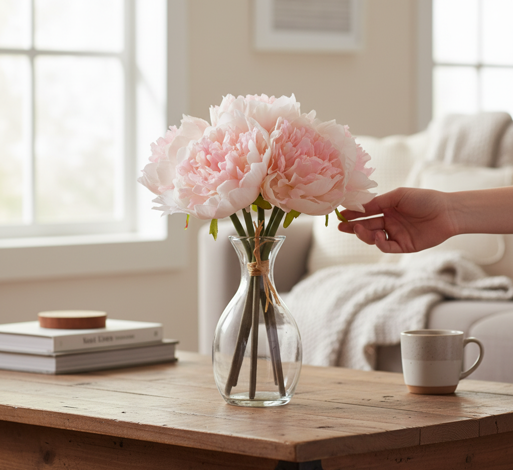 Hand holding a 9" Artificial Peony Bundle in a clear vase on a wooden table.