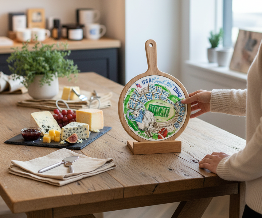 Person holding a decorative cheese board with a design on a wooden table.