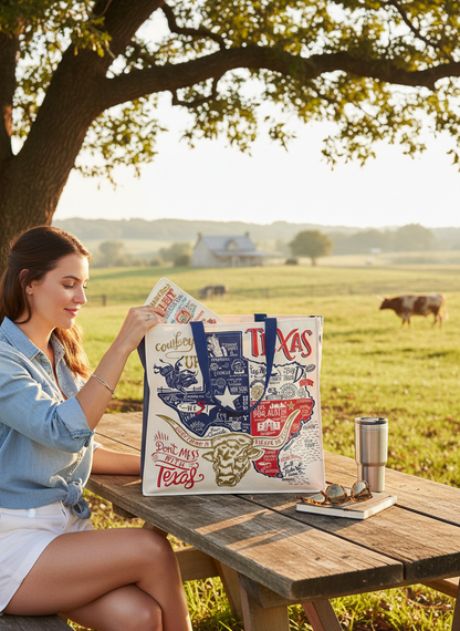 Woman sitting at a picnic table with a Texas-themed bag in a field with cows.