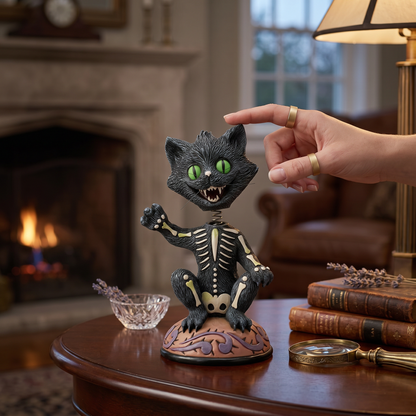 Black cat skeleton figurine on a table with a hand reaching towards it, fireplace and books in the background.