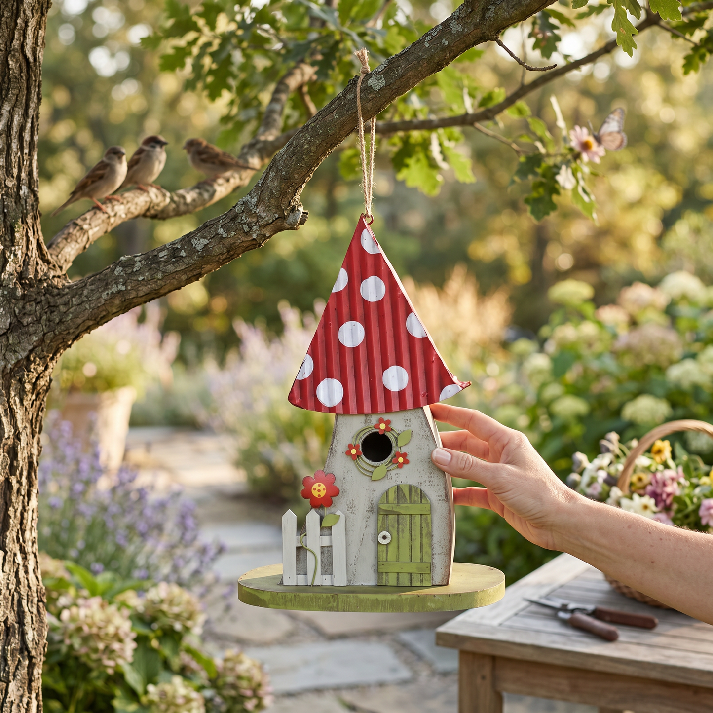 Hand holding a decorative birdhouse with a red polka dot roof in a garden setting.