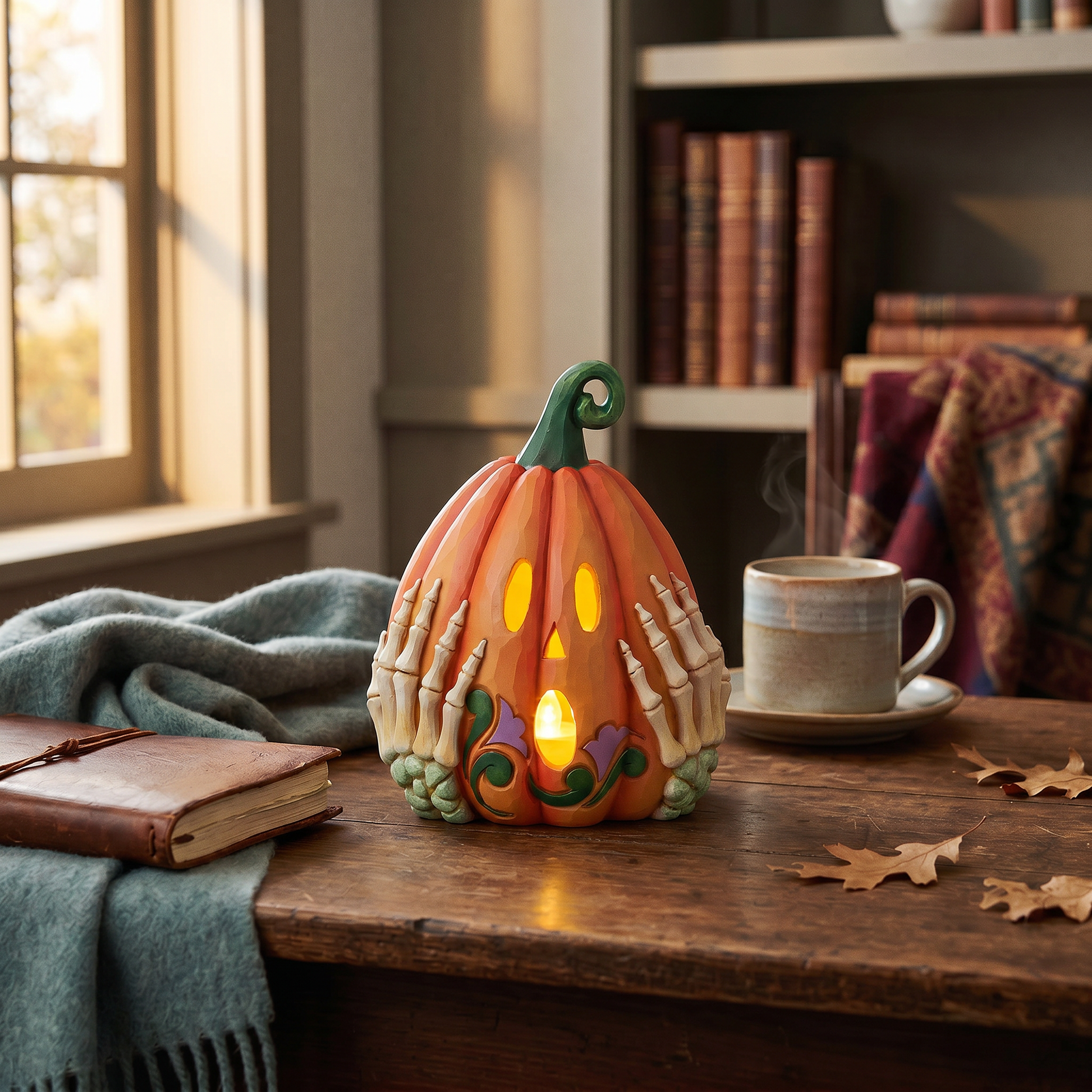Decorative pumpkin with skeleton hands on a wooden table with a cup and books in the background.
