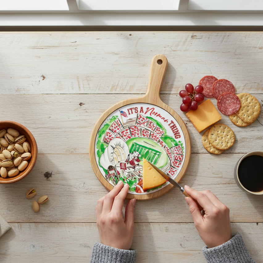 Person cutting cheese on a decorative plate with a wooden cutting board, surrounded by snacks and coffee.