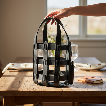 Black woven bag held by a hand on a wooden table with a blurred background
