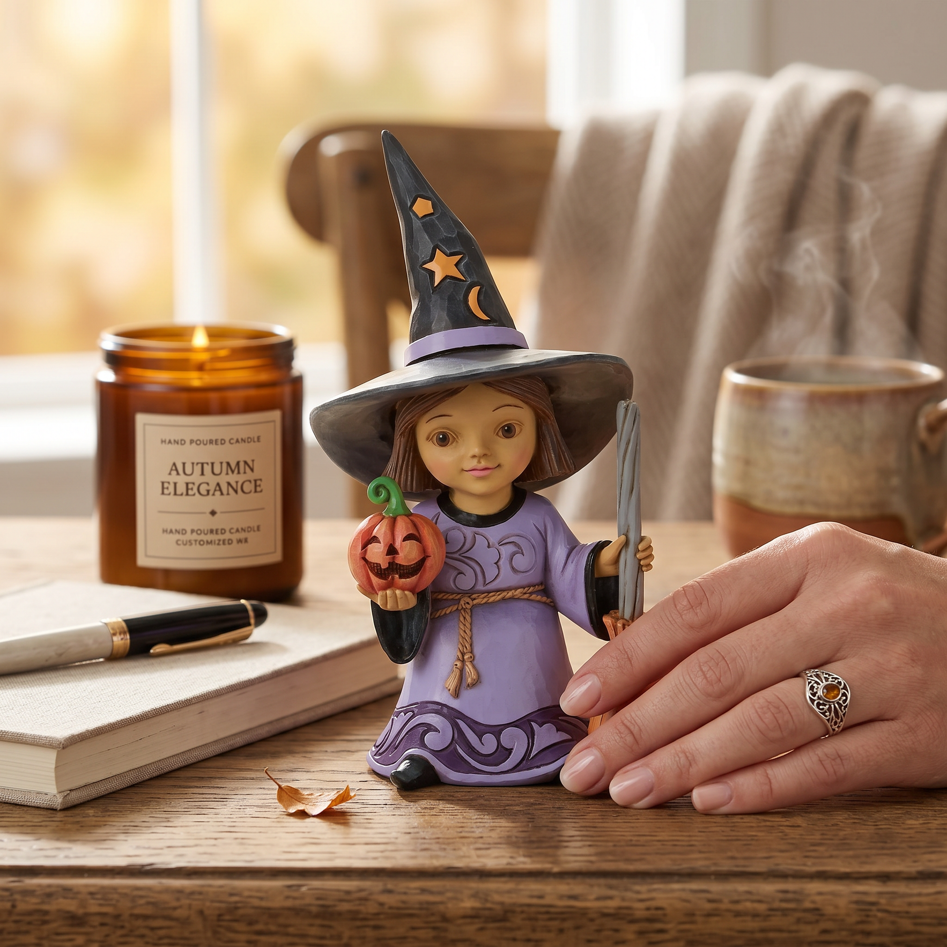 Halloween-themed figurine of a witch holding a broom and pumpkin on a wooden surface with a candle and mug in the background.