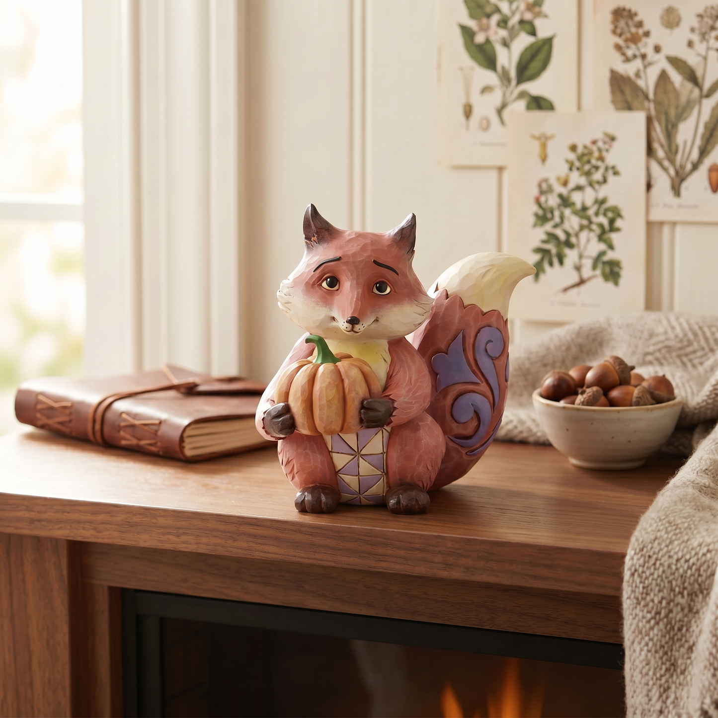 Decorative fox figurine holding a pumpkin on a wooden surface with a cozy background.