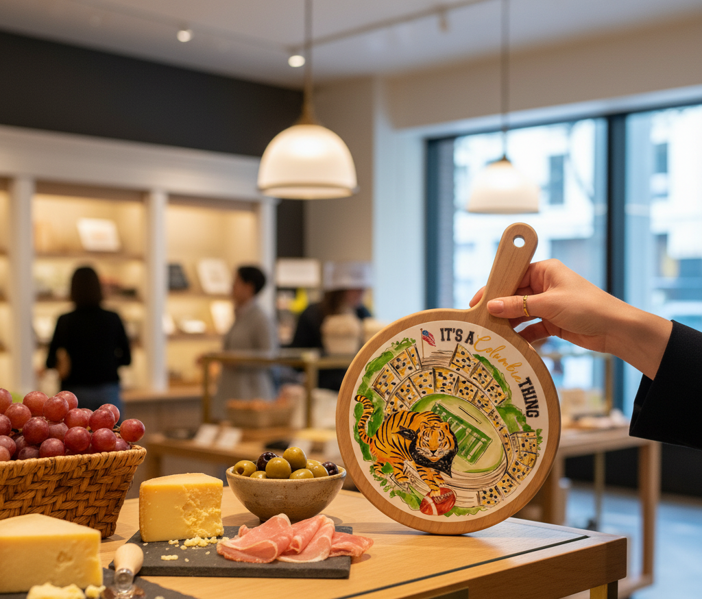 Person holding a decorative plate with a tiger design in a room with food and people in the background