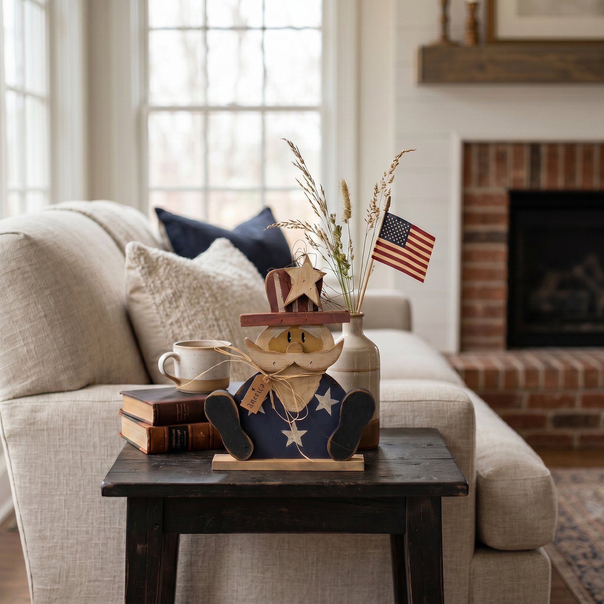 Decorative items on a coffee table in a living room with a couch and fireplace in the background.