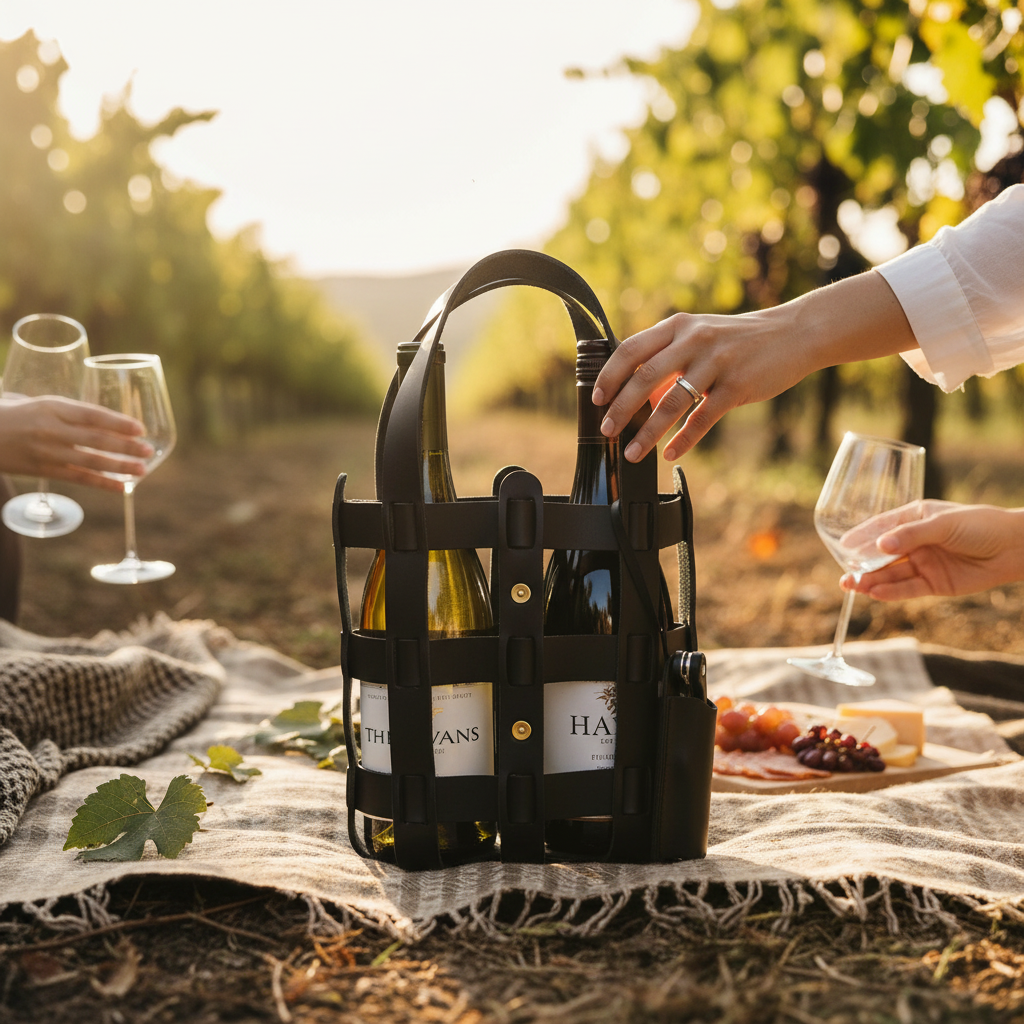 Two bottles of wine in a black carrying case with two wine glasses on a picnic blanket in a vineyard.