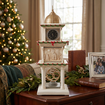 Decorative clock tower on a table with a Christmas tree in the background