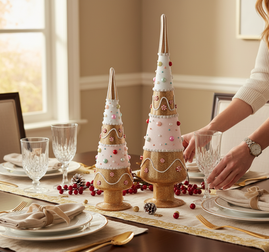Decorative gingerbread trees on a Christmas table setting with glasses and plates.