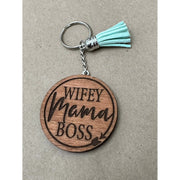 Wife Mom Boss Keychain Keychains Brown with turquoise tassel  