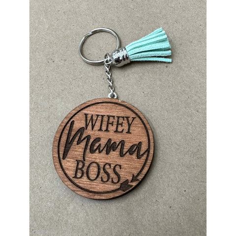 Wife Mom Boss Keychain Keychains Brown with turquoise tassel  