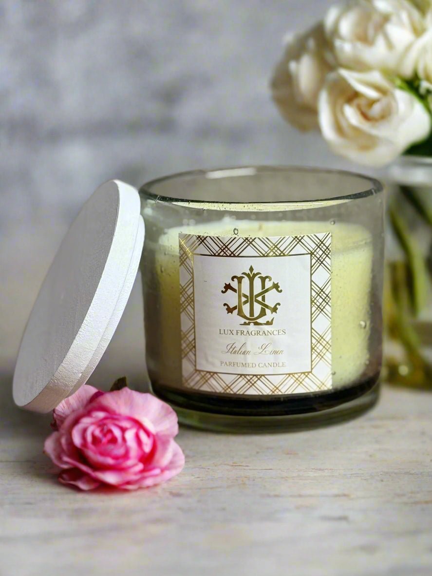 Italian Linen 12oz Luxury Glass Candle - 100 - Hour Burn Time, Fresh Cotton & White Musk Scent - Nifty Decor & More