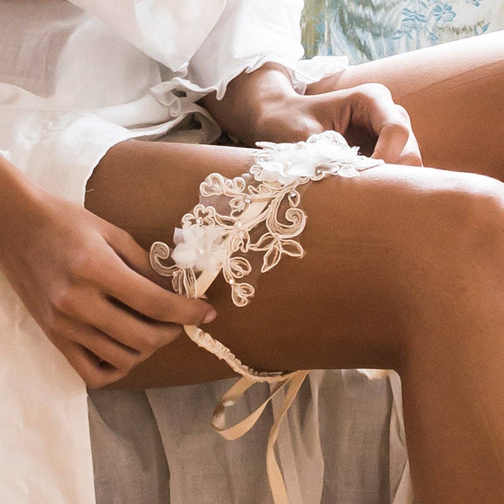 Ivory Embroidered Appliqué Bridal Garter - Nifty Decor & More