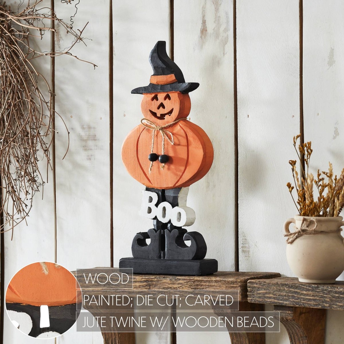 Jack-O-Lantern Boo Halloween Decor Wood Figurine, 15.5" - Nifty Decor & More